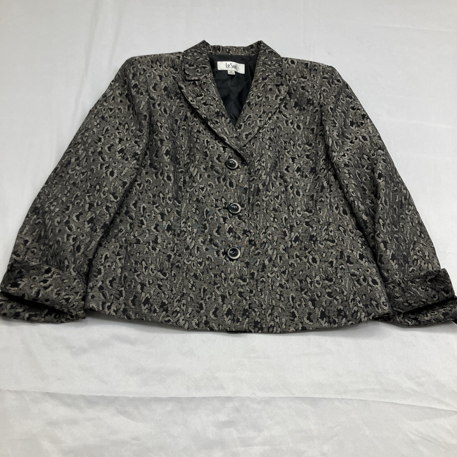 Le Suit Gray Black Geo Jacquard Three Button Jacket Sz 16